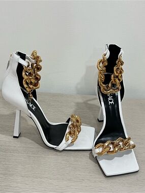 Versace White Leather Stiletto Sandals with Gold Chain Trim